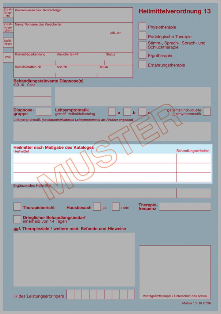 Muster einer Heilmittelverordnung mit markiertem Feld für das Heilmittel